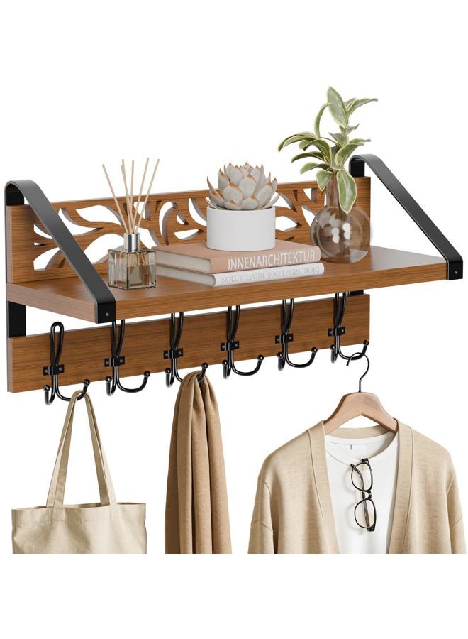 WGFKVAS 2 in 1 Coat Rack Wall Mount with Shelf and 6-Double Hook Wall Hooks with Shelf, Rustic Brown 15" Wood Organizer for Entryway, Living Room, Bedroom, Hallway - Image 1