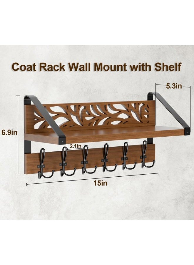 WGFKVAS 2 in 1 Coat Rack Wall Mount with Shelf and 6-Double Hook Wall Hooks with Shelf, Rustic Brown 15" Wood Organizer for Entryway, Living Room, Bedroom, Hallway - Image 4