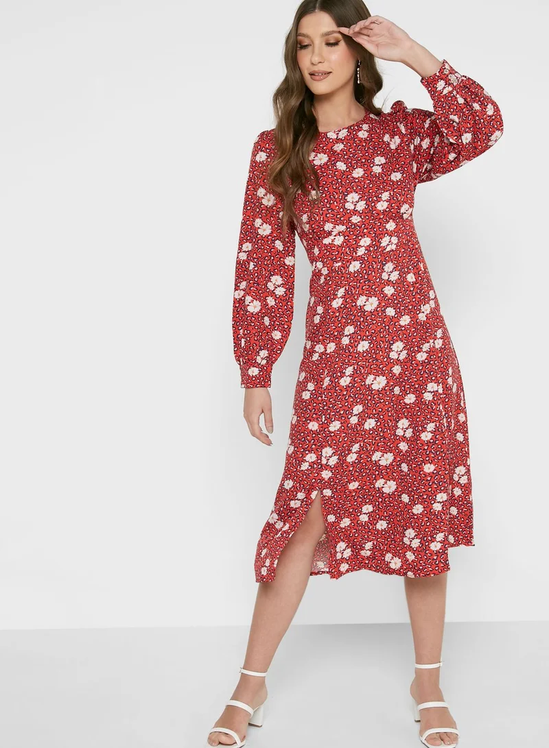 Louche Floral Print Balloon Sleeve Front Split Dress
