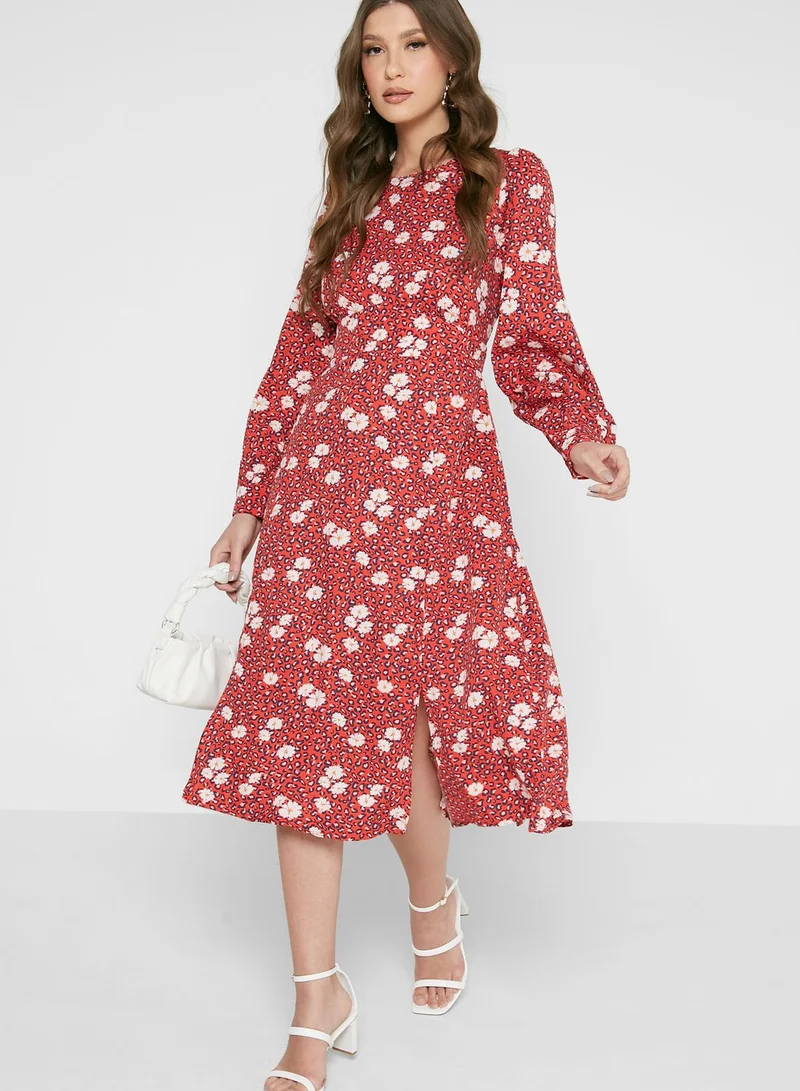 Louche Floral Print Balloon Sleeve Front Split Dress
