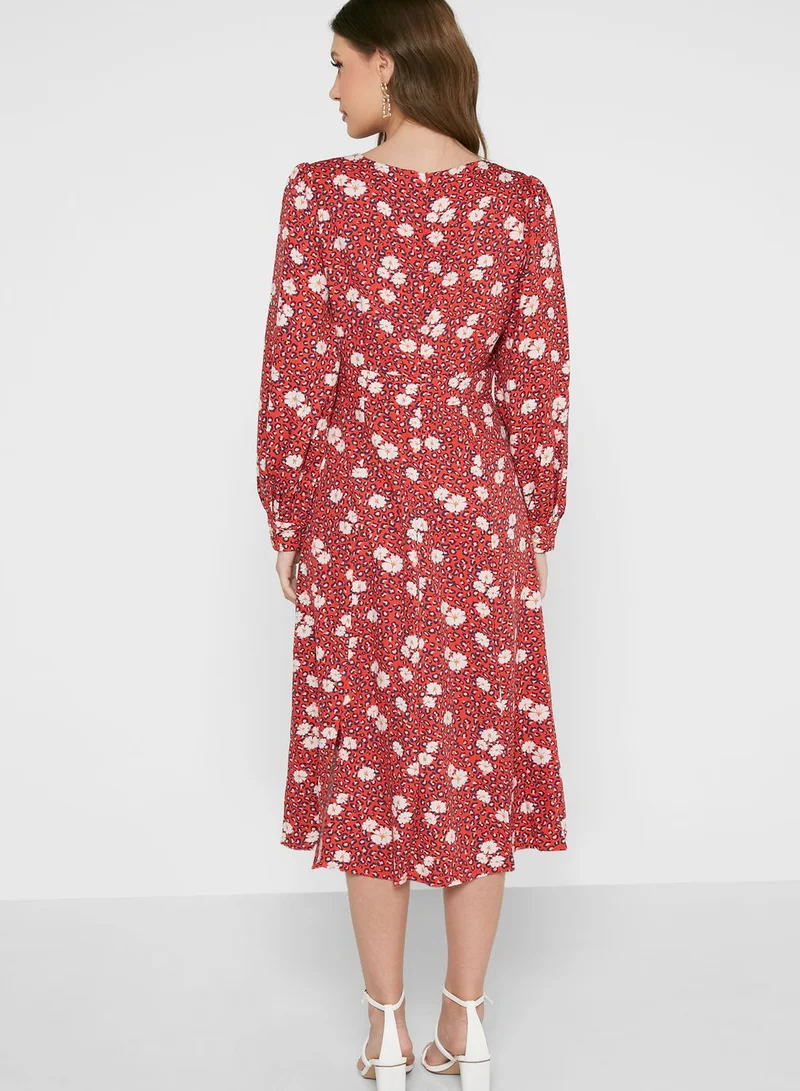 Louche Floral Print Balloon Sleeve Front Split Dress