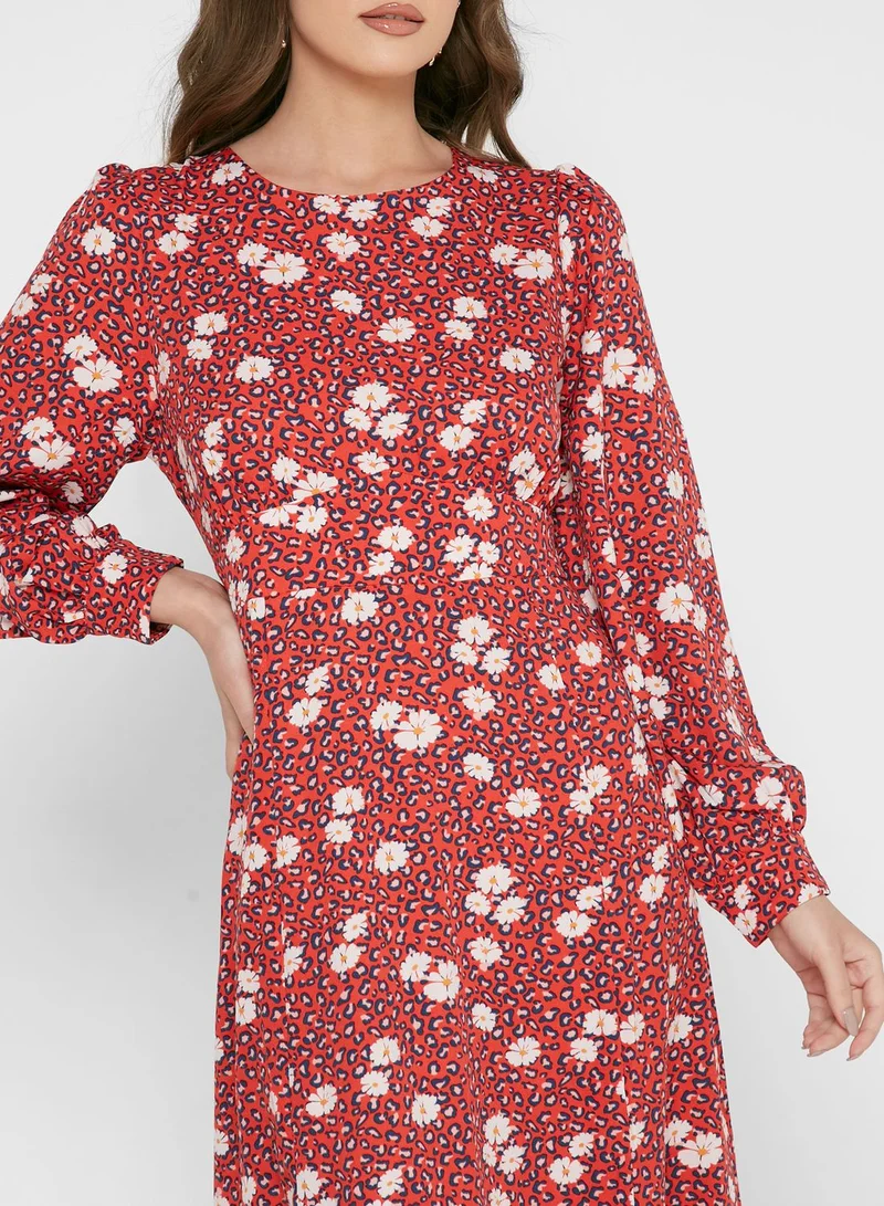 Louche Floral Print Balloon Sleeve Front Split Dress