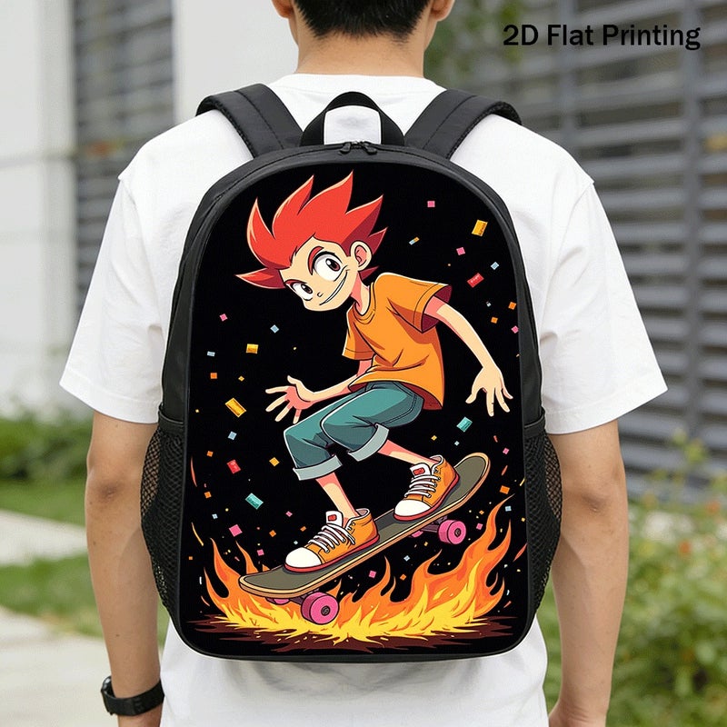 Sports Skateboard Boy Flames Backpack Durable Lightweight 2D Flat Print for weekend outdoor street for Teens - Image 1