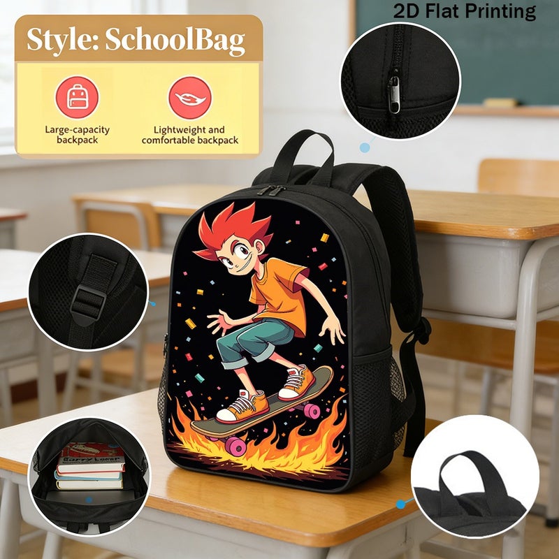 Sports Skateboard Boy Flames Backpack Durable Lightweight 2D Flat Print for weekend outdoor street for Teens - Image 2
