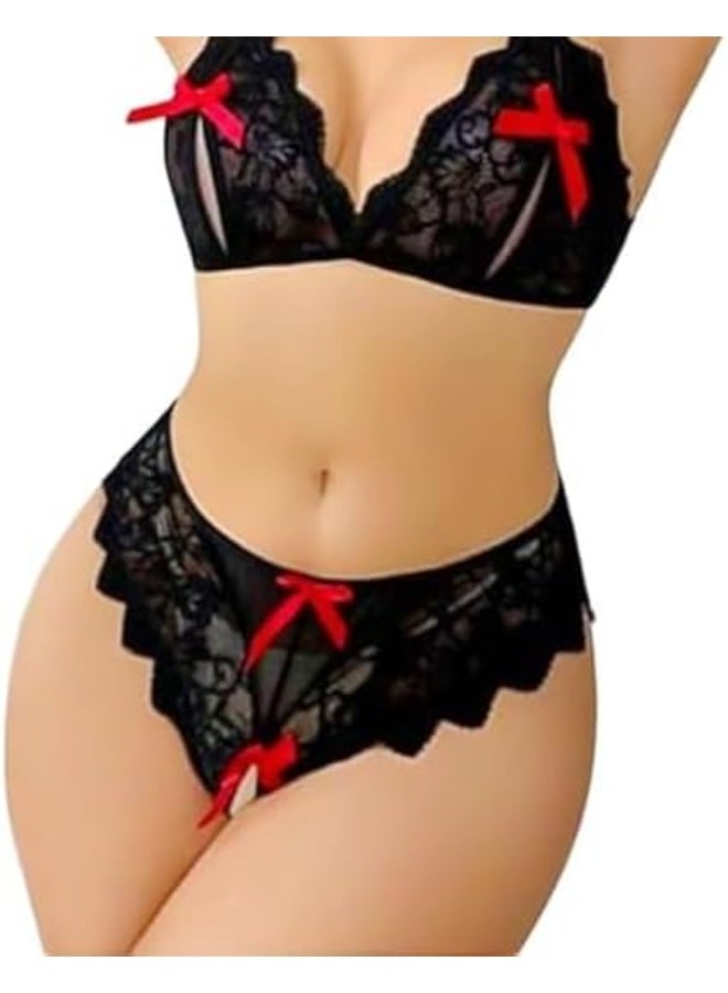 Hanady Sexy Bikini Lingerie Set with Front Bows - Sheer Babydoll Short Playsuit Elegant One Size Up to 80kg Hn 8025 - Image 1