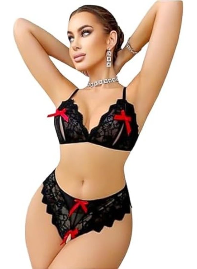 Hanady Sexy Bikini Lingerie Set with Front Bows - Sheer Babydoll Short Playsuit Elegant One Size Up to 80kg Hn 8025 - Image 3