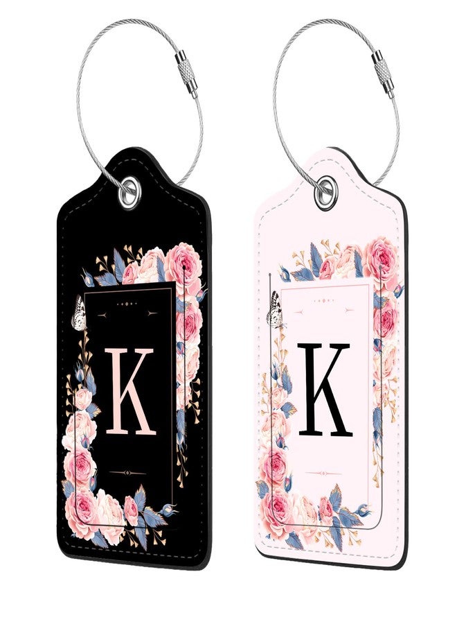 Anikathy 2 Pcs PU Leather Luggage Tag for Suitcases with Privacy Shield and Name ID Tag Address Card Travel Cruise Luggage Tag, Suitable for Men and Women Baggage Handbag Backpack,Flower and Monogram(Letter K - Image 1