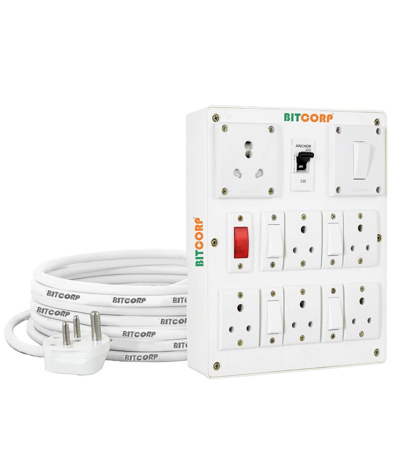 BITCORP Bitcorp Extension Board Heavy Duty Box 6A 16A 20A with Thermal Protection 6 Way Socket 5 Switch 3500W Surge Protection with 4 Meter Long Cable Cord Wall Mount White  - Image 1