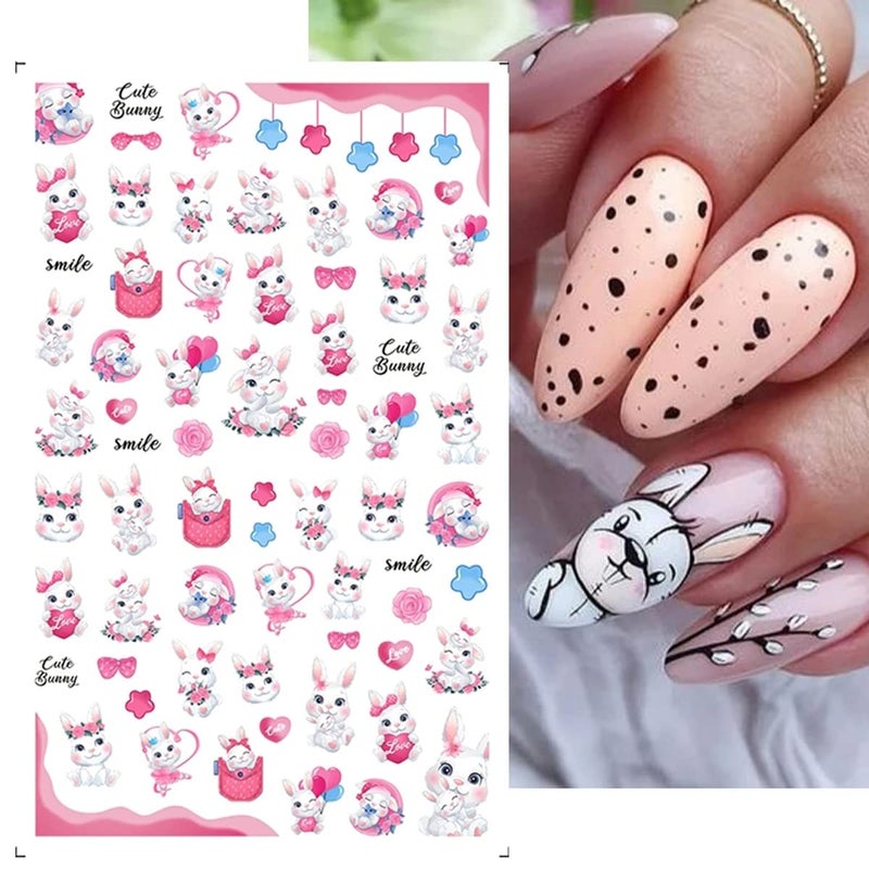 BSBTBZ 8 Sheets Easter Rabbit Nail Art Stickers Decals,3D Self-Adhesive Nail Art Accessories Cartoons, Rabbits, Animals, Hearts, Flowers,Designs Sticker Lovely Retro Rabbit Manicure DIY Nail Decorations - Image 4