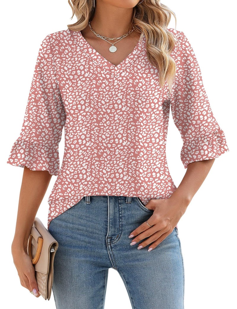 LOMON 3/4 Length Sleeve Womens Tops Summer Loose V-Neck T-Shirts Dressy Casual Boho Ruffle Bell Sleeve Tunic Blouses (Floral 21,Large) - Image 1