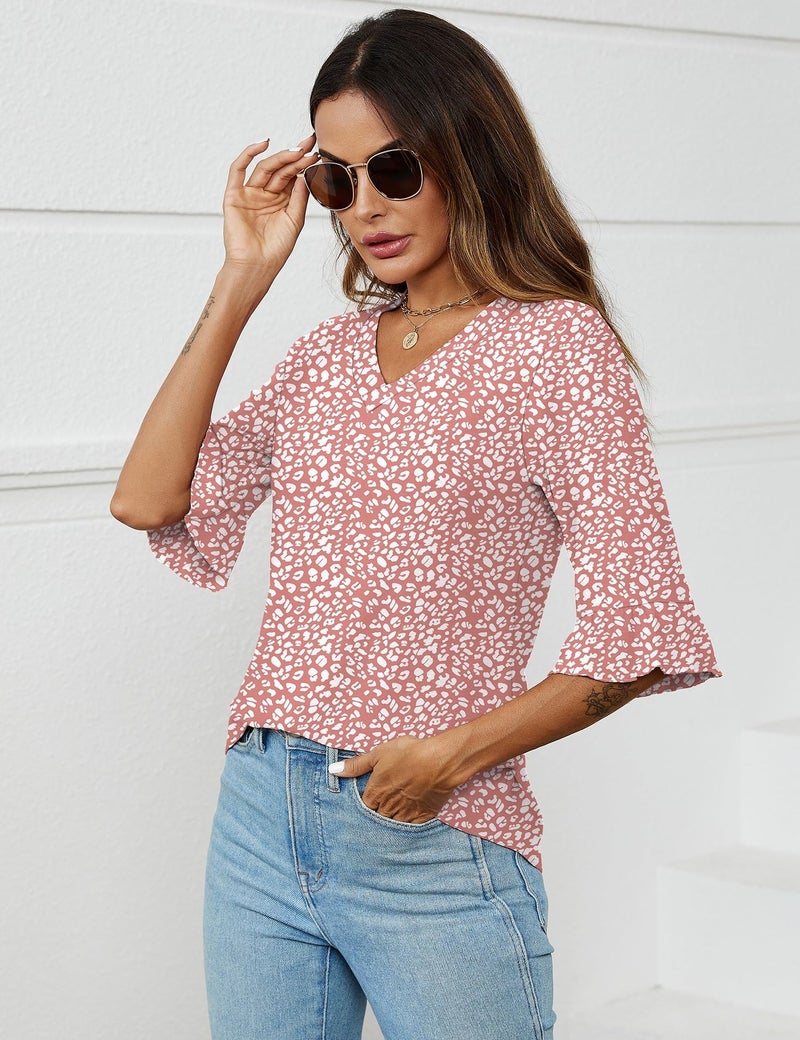 LOMON 3/4 Length Sleeve Womens Tops Summer Loose V-Neck T-Shirts Dressy Casual Boho Ruffle Bell Sleeve Tunic Blouses (Floral 21,Large) - Image 4