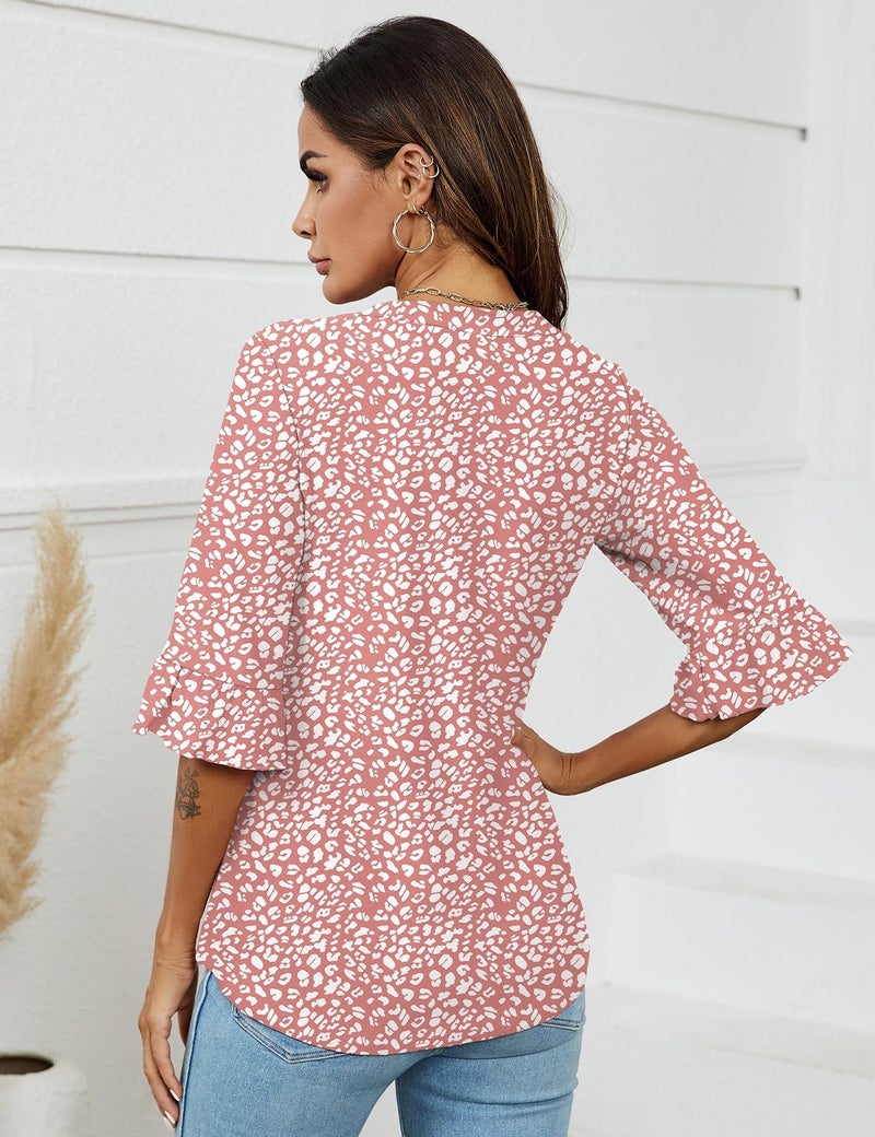 LOMON 3/4 Length Sleeve Womens Tops Summer Loose V-Neck T-Shirts Dressy Casual Boho Ruffle Bell Sleeve Tunic Blouses (Floral 21,Large) - Image 5