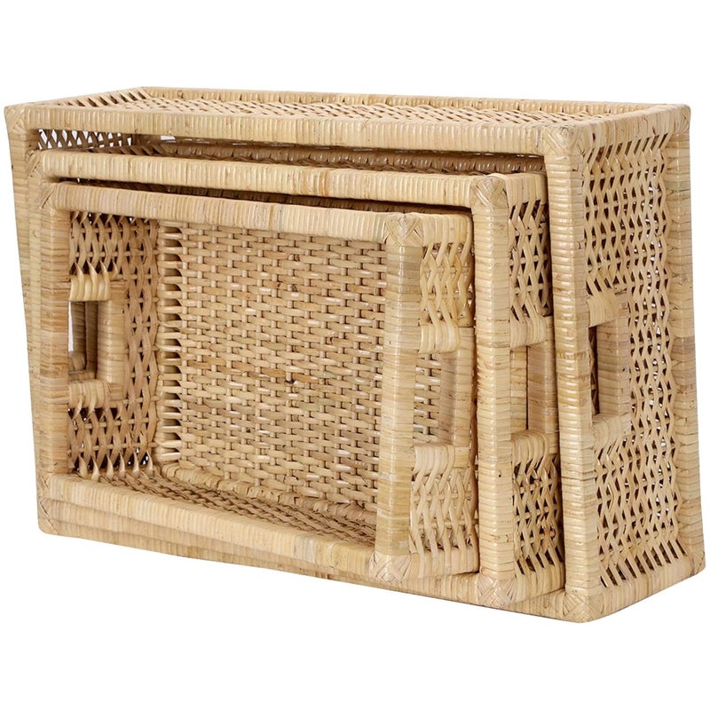 Akway AKWAY Rattan Brass Handmade Bamboo Storage Organizer Wicker Basket Beige Set of 3  - Image 1