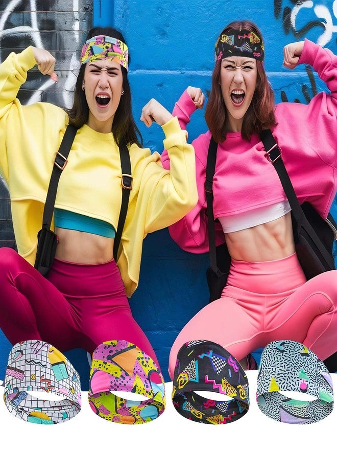 Yolev 4 Pack 90s Headband 80s Retro Print Neon Headbands For Women Vintage Fashion Sweatbands Sport Hairbands Hair Bands For Party Hiking Cycling Running 80s 90s Hair Accessories - Image 3