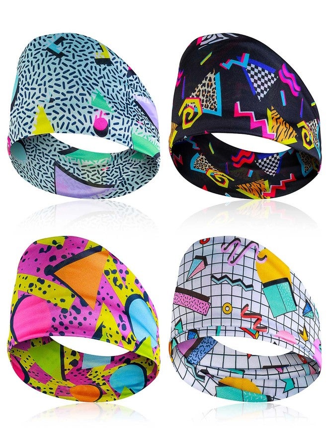 Yolev 4 Pack 90s Headband 80s Retro Print Neon Headbands For Women Vintage Fashion Sweatbands Sport Hairbands Hair Bands For Party Hiking Cycling Running 80s 90s Hair Accessories - Image 1