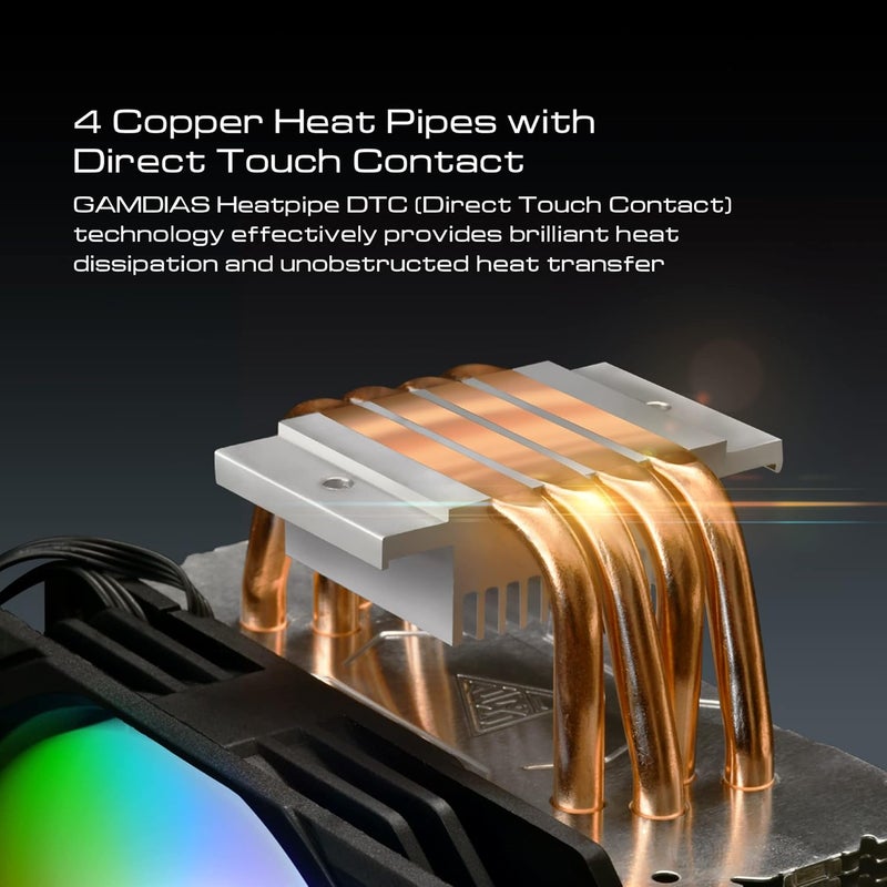 GAMDIAS BOREAS E1-410 CPU Cooler, CPU Air Cooler, CPU Fan, Direct Touch Contact, 4 Copper Heat Pipes, Dual Ring ARGB, Fully customizable ARGB lighting, Compatible with Intel & AMD - Image 2