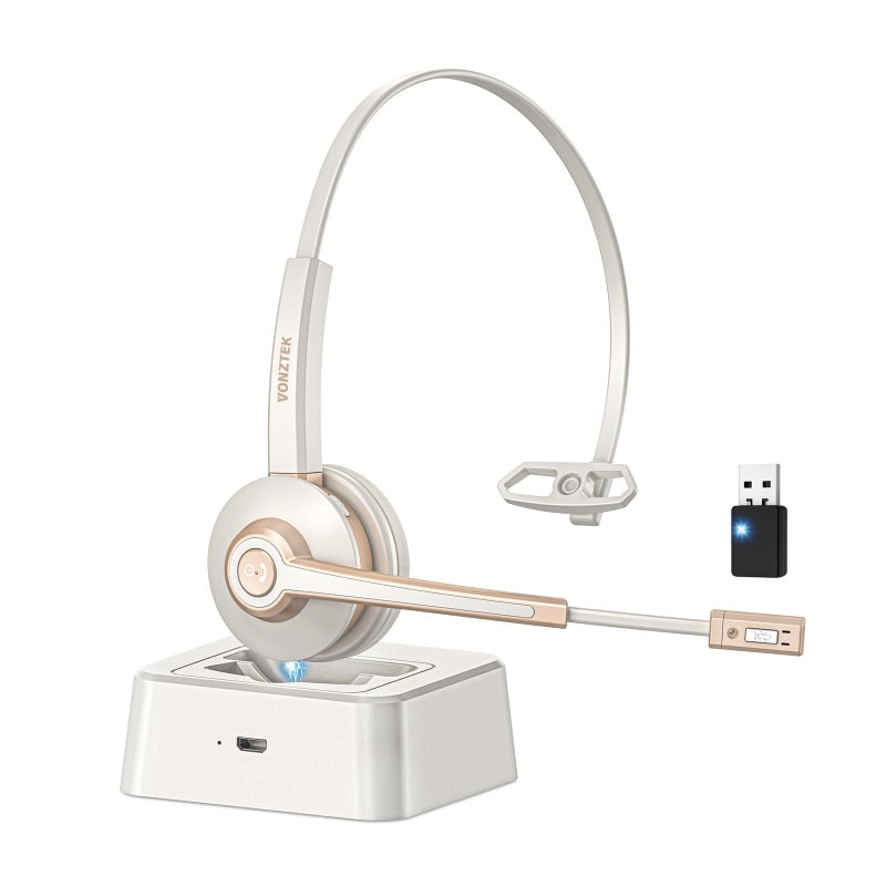 Vonztek Bluetooth Headset with Microphone,Wireless Headset V5.2 with AI Noise Canceling Mic&USB Dongle, Wireless Headphones with Charging Base and Mute Function for Computer/Phone/Office/Skype - Image 1