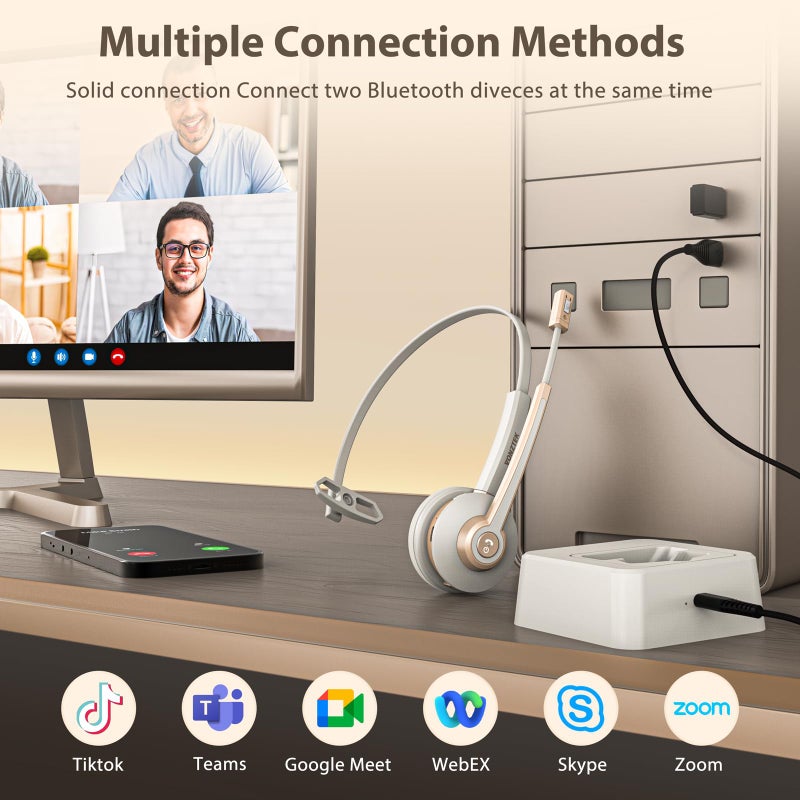 Vonztek Bluetooth Headset with Microphone,Wireless Headset V5.2 with AI Noise Canceling Mic&USB Dongle, Wireless Headphones with Charging Base and Mute Function for Computer/Phone/Office/Skype - Image 3