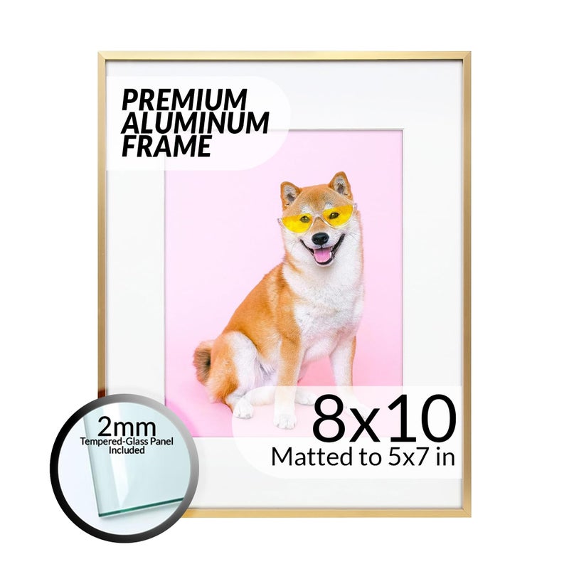 FrameWorks 8x10 Matted to 5x7 Picture Frame - Aluminum Frame w/Tempered Glass  Removable Mat for Photos  Posters  Art  Stylish Wall Frame for Home Decor  Gallery Walls  Office  Living Room - Gold - Image 1
