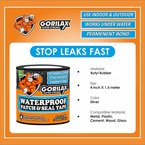Gorilax Strong Waterproof Tape 4"x5ft, Aluminum Butyl Sealant for Roof Leak, Water Tank, Sink, Pipe, Crack, Gutter – Heavy Duty Flex Tape for Instant Leak Repair, Super Strong Adhesive - Image 2