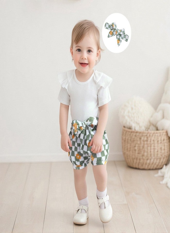 Thorn Tree Newborn Baby Girl Clothes Ribbed Romper Floral Plaid Shorts Headband Infant Summer Outfits 0 3 6 12 18M (Floral Plaid Green,6-12 Months) - Image 2