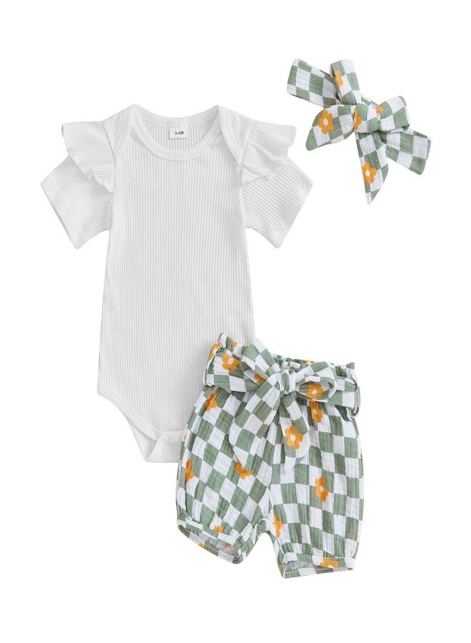 Thorn Tree Newborn Baby Girl Clothes Ribbed Romper Floral Plaid Shorts Headband Infant Summer Outfits 0 3 6 12 18M (Floral Plaid Green,6-12 Months) - Image 1