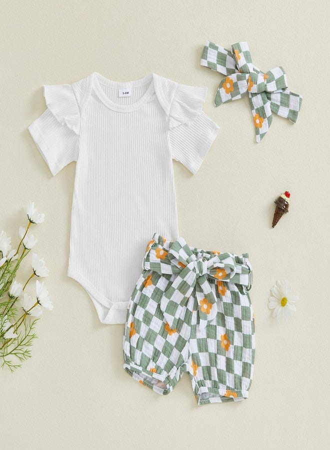 Thorn Tree Newborn Baby Girl Clothes Ribbed Romper Floral Plaid Shorts Headband Infant Summer Outfits 0 3 6 12 18M (Floral Plaid Green,6-12 Months) - Image 3