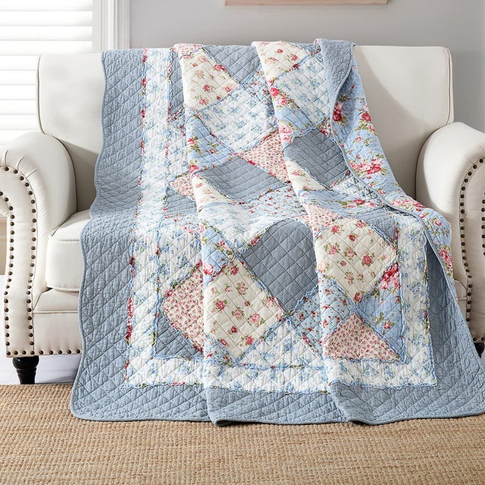 SINGLE BEDSPREAD QUILTED SOFT COTTON BLUE FLORAL PATCHWORK QUILTS QUILTED BLANKET 150X200 CM