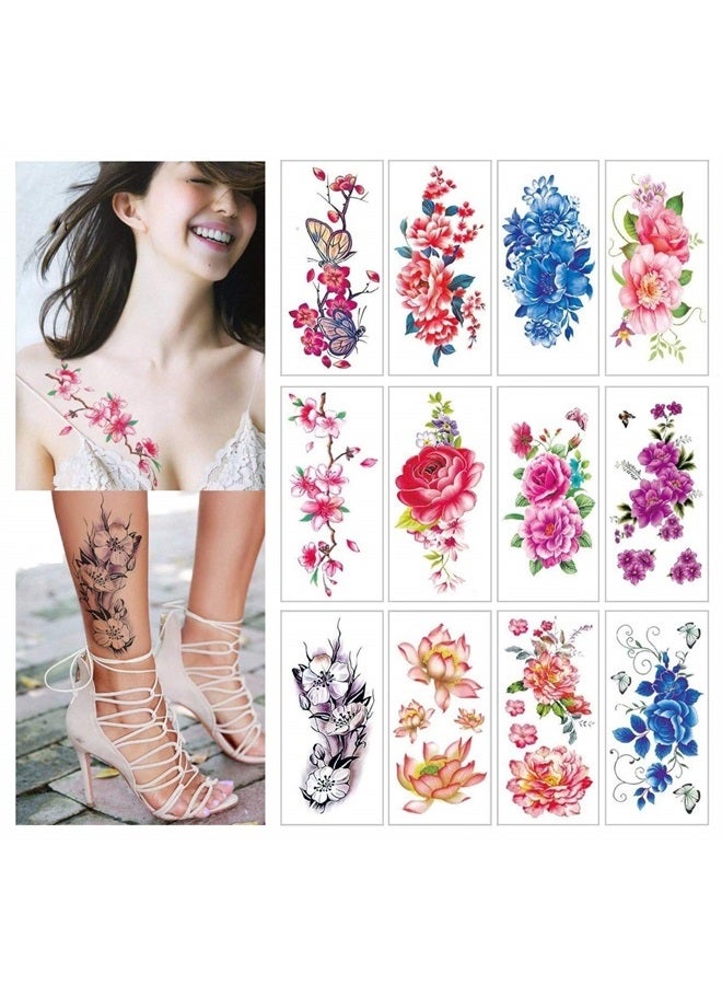 12 Sheets Flower Temporary Tattoos Stickers Flash Sexy Body Tattoo Paper Roses Lotus Cherry Butterflies, 3.6"×7.5"(9cm×19cm)