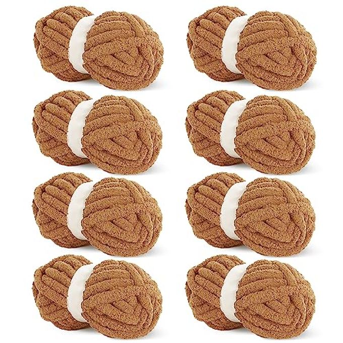 HOMBYS Coffee Chunky Chenille Yarn For Crocheting, Bulky Thick Fluffy Yarn For Knitting,Super Bulky Chunky Yarn For Hand Knitting Blanket, Soft Plush Yarn, 8 Jumbo Pack (27 Yds,8 Oz Each Skein) - Image 1