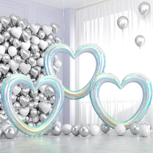 Vibzox Iridescent Heart Balloons3Pcs 40Inch Holographic Large Hollow Out Heart Foil Balloon for Valentines Day Birthday Wedding Engagement Bridal Showers Anniversary Party Decorations - Image 1