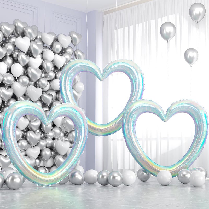 Vibzox Iridescent Heart Balloons3Pcs 40Inch Holographic Large Hollow Out Heart Foil Balloon for Valentines Day Birthday Wedding Engagement Bridal Showers Anniversary Party Decorations - Image 3