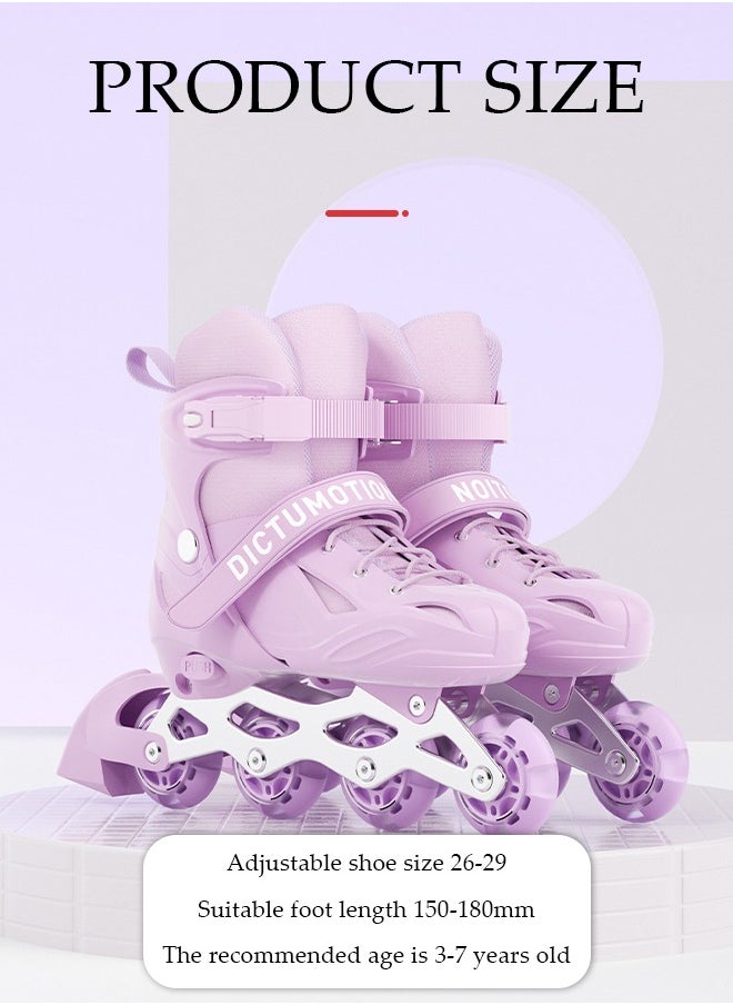 Kids inline skating shoes, outdoor and indoor roller boots, adjustable size, with LED illuminated wheels and backpack, suitable for boys and girls aged 3 to 7, purple (S, suitable for sizes 26 to 29)