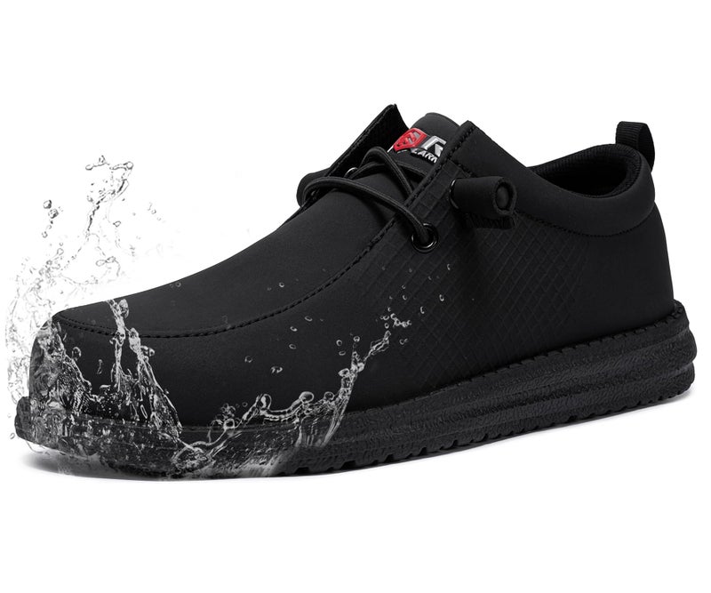 LARNMERN Slip On Steel Toe Shoes Men Lightweight Comfortable Lounging Walking Sneakers Safety Work Steel Toe Loafers (9 Men, Black Leather) - Image 1