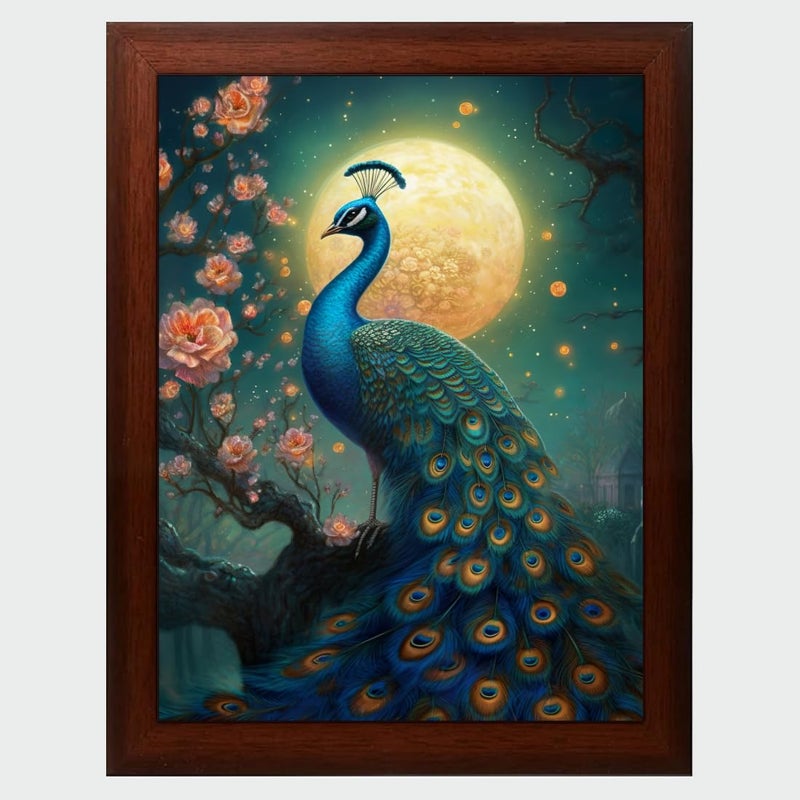 Vastu Peacock Painting Digital Reprint Trendy Fancy Room Home Office Wall Decoration With Brown Painting (10Inches X 13.5Inches) - Engineered Wood - Image 1