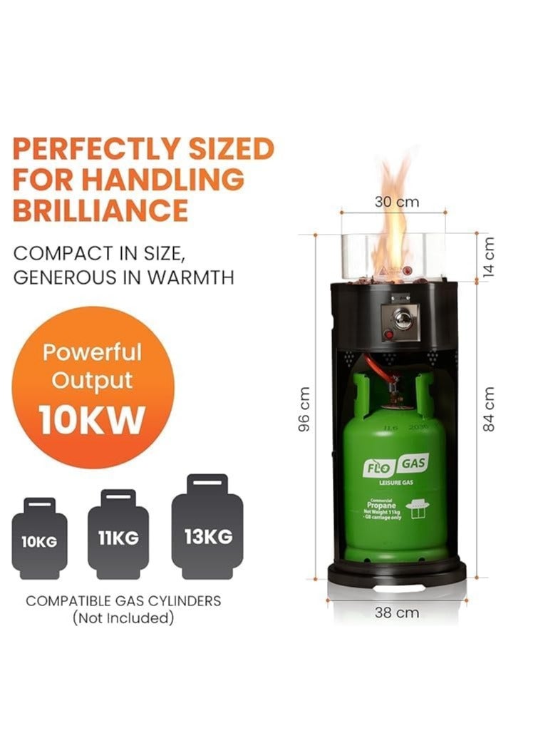 Black Column Gas Patio Heater Fire Pit – 10KW Outdoor Heater with Wind Guard, Lava Rocks, Gas Hose, Regulator & Waterproof Cover | Fits 10–13Kg Cylinders - Image 2