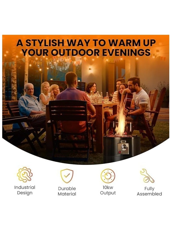 Black Column Gas Patio Heater Fire Pit – 10KW Outdoor Heater with Wind Guard, Lava Rocks, Gas Hose, Regulator & Waterproof Cover | Fits 10–13Kg Cylinders - Image 3