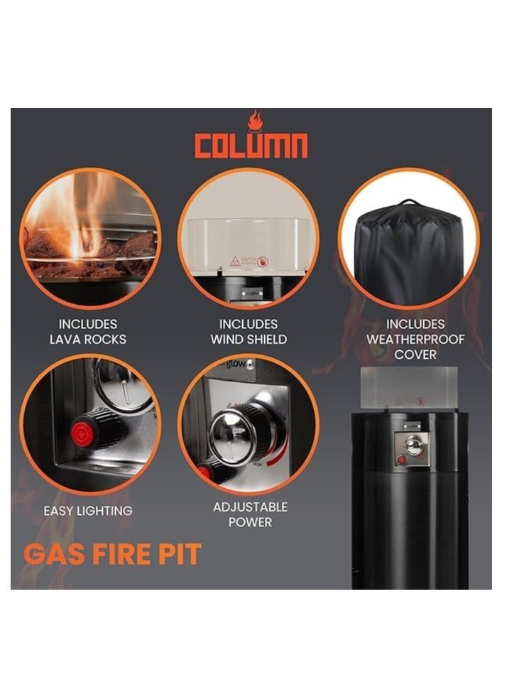 Black Column Gas Patio Heater Fire Pit – 10KW Outdoor Heater with Wind Guard, Lava Rocks, Gas Hose, Regulator & Waterproof Cover | Fits 10–13Kg Cylinders - Image 5