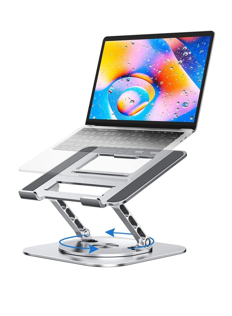 Adjustable Laptop Stand for Desk Ergonomic Laptop with 360 Degree Rotating Base Folding Notebook Compatible with Mac Air Pro Dell XPS and More 10-17 Inch Laptops Silver - Image 1