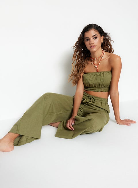 Green Woven Flamed Cotton Blouse Trousers Beach Set