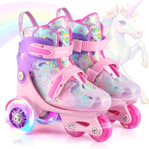 ZOOBLISS Kids Roller Skates for Beginners - ZOOBLISS Toddler Roller Skates for Girls Ages 3-7 with Light-Up Wheels & 4 Adjustable Sizes, Tri-Wheel Training Skates for Kids (Unicorn Rainbow) - Image 1