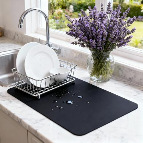 STRABELLA Dish Drying Mat Super Absorbent – 16" x 12" Coffee Mat for Countertops – Non-Slip Drying Mat for Kitchen Counter – Easy to Clean Water Absorbent Mat – Quick Dry Dish Drying Mats (Black) - Image 1