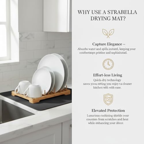 STRABELLA Dish Drying Mat Super Absorbent – 16" x 12" Coffee Mat for Countertops – Non-Slip Drying Mat for Kitchen Counter – Easy to Clean Water Absorbent Mat – Quick Dry Dish Drying Mats (Black) - Image 2