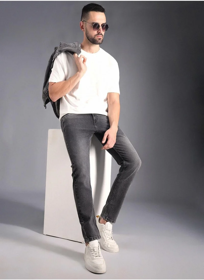 HIGH STAR Grey Tapered Fit Light Fade Pure Cotton Jeans for Men, 100% Cotton