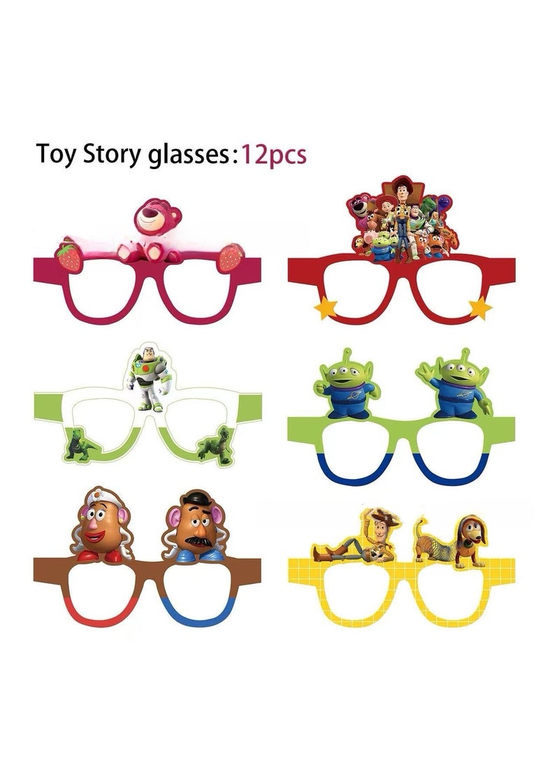 12 قطعة من زينة حفلات Toy Story، نظارات ورقية، أدوات مائدة، حفلات أعياد ميلاد الأطفال، مجموعة أقنعة عين ورقية للأطفال، رقعة عين تنكرية، أقنعة ورقية للأطفال، أقنعة حفلات Hallwoon الساخنة، دعامة حفلات