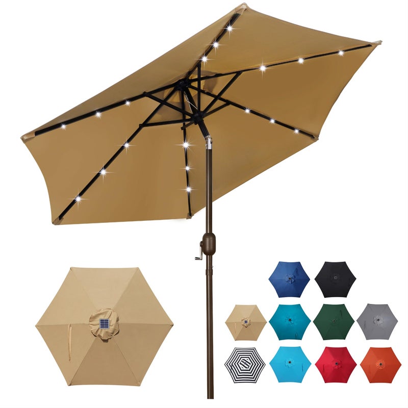 Blissun 7.5 ft Solar Umbrella 18 LED Lighted Patio Umbrella Table Market Umbrella with Tilt and Crank Outdoor Umbrella for Garden, Deck, Backyard, Pool and Beach (Tan) - Image 1