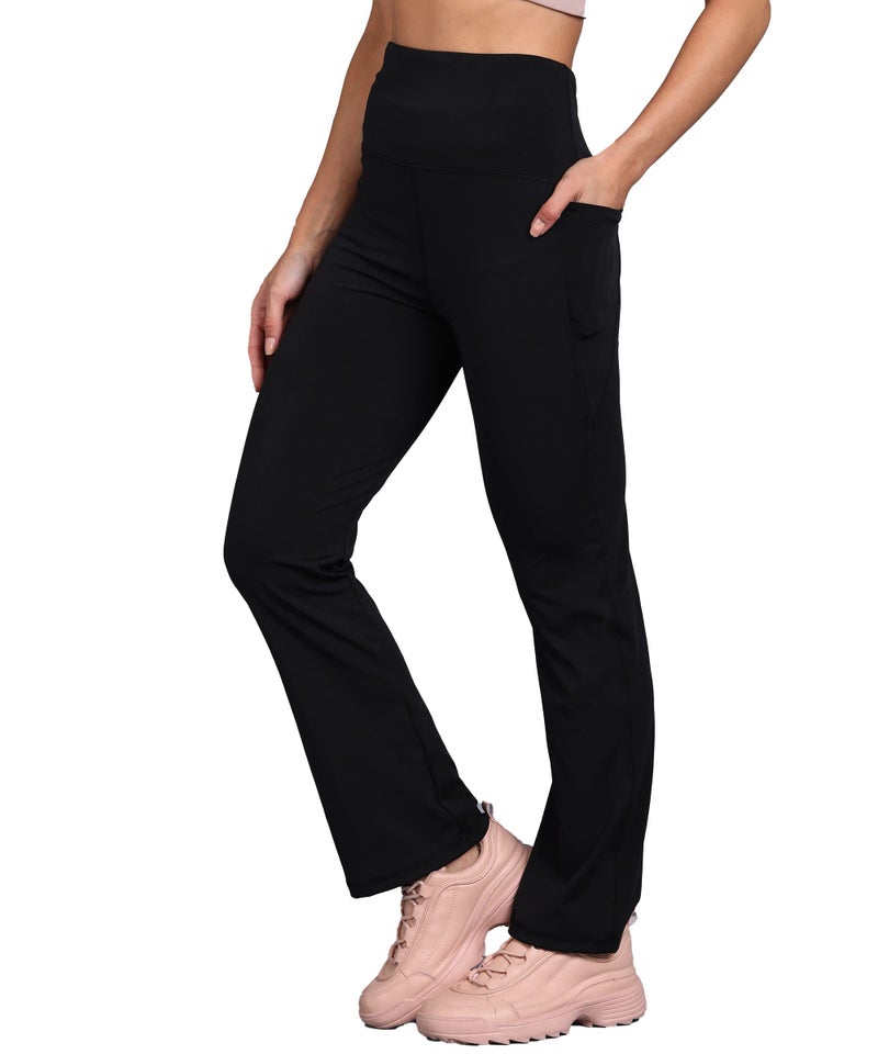 Rock Paper Scissors Womens High Rise Premium Flare Gym Pants Stretchable Flared Leggings With Pockets Gym Wear/Active Wear Tights Yoga Pants Zumba/Dance Workout Gym Tight Black L Size - Image 1