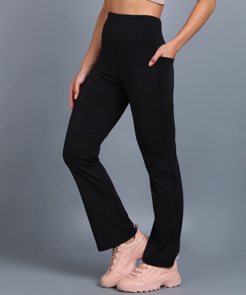 Rock Paper Scissors Womens High Rise Premium Flare Gym Pants Stretchable Flared Leggings With Pockets Gym Wear/Active Wear Tights Yoga Pants Zumba/Dance Workout Gym Tight Black L Size - Image 2