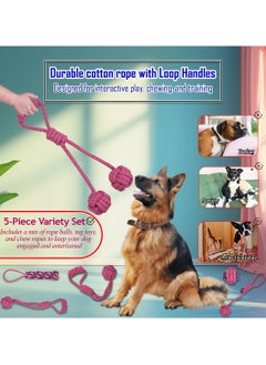 MAJIBAO Dog toy combo set, 5 design rope with 1 Pack, Loop handle rope with ball, 100% cotton rope for cleaning teeth, Oral health, and Aggressive chewer, Tug of War for Medium to Large dogs, 45 cm (Pink)  - Image 4