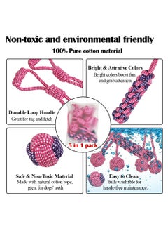 MAJIBAO Dog toy combo set, 5 design rope with 1 Pack, Loop handle rope with ball, 100% cotton rope for cleaning teeth, Oral health, and Aggressive chewer, Tug of War for Medium to Large dogs, 45 cm (Pink)  - Image 3
